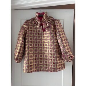Tuckernuck Pink Gold Brocade Ruffle Neck Blouse Puff Sleeve Geometric Top S
